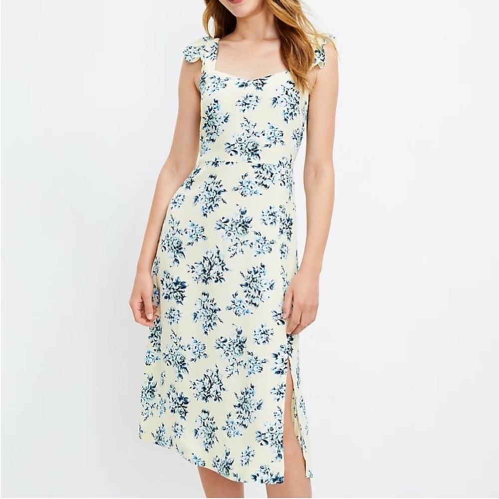 LOFT floral ruffle sleeve midi dress